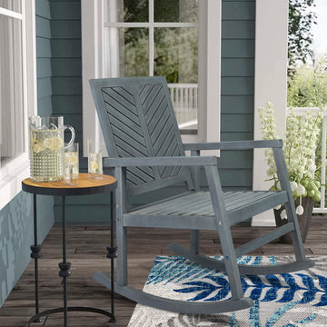 Ned Modern Chevron-Back 300-Lbs Support Acacia Wood Patio Outdoor Rocking Chair - JONATHAN Y